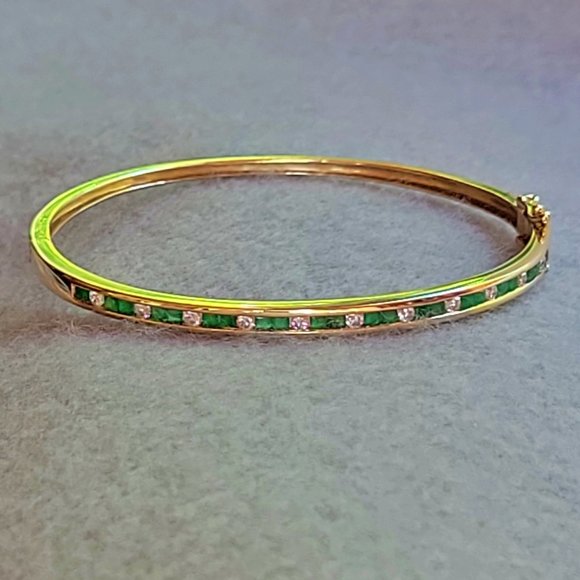 14K Gold Diamond and Emerald Bangle Bracelet - make an offer - Picture 2 of 15